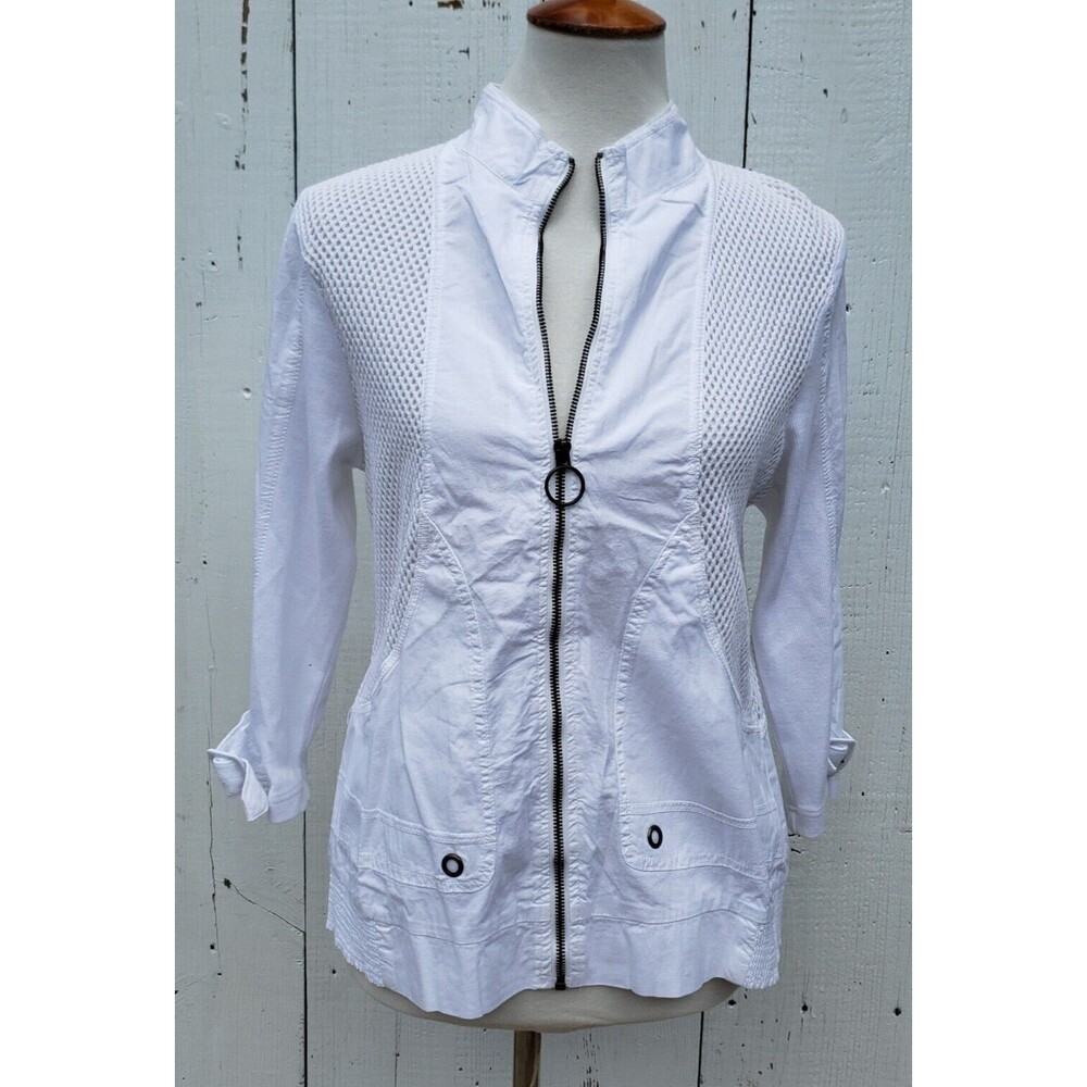 XCVI Women White Full Zip Cotton Blend 3/4 Sleeve Mesh Contrast Jacket Sz L